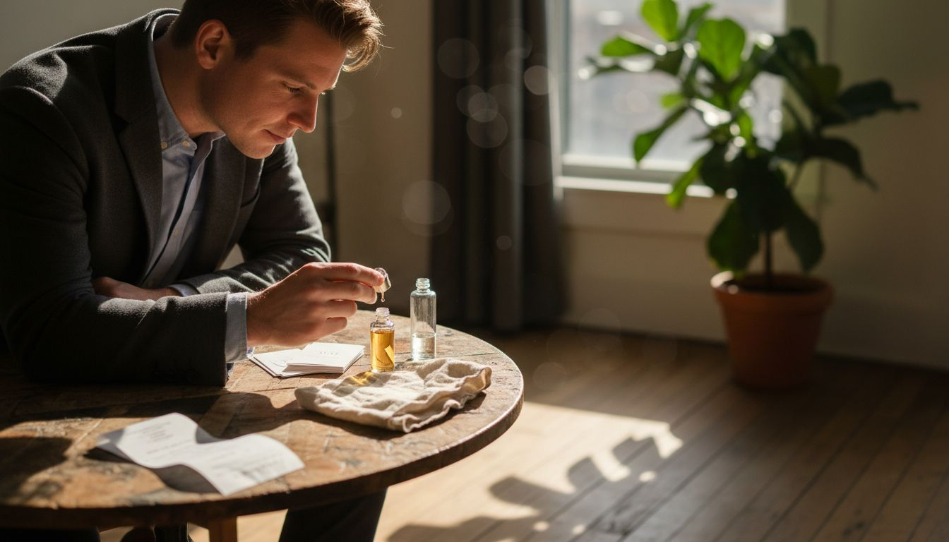 Man comparing vegan and luxury perfume samples