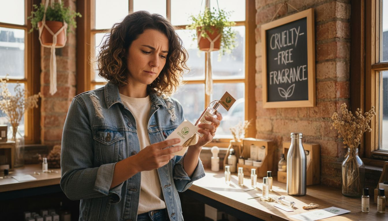Woman reading label for vegan fragrance