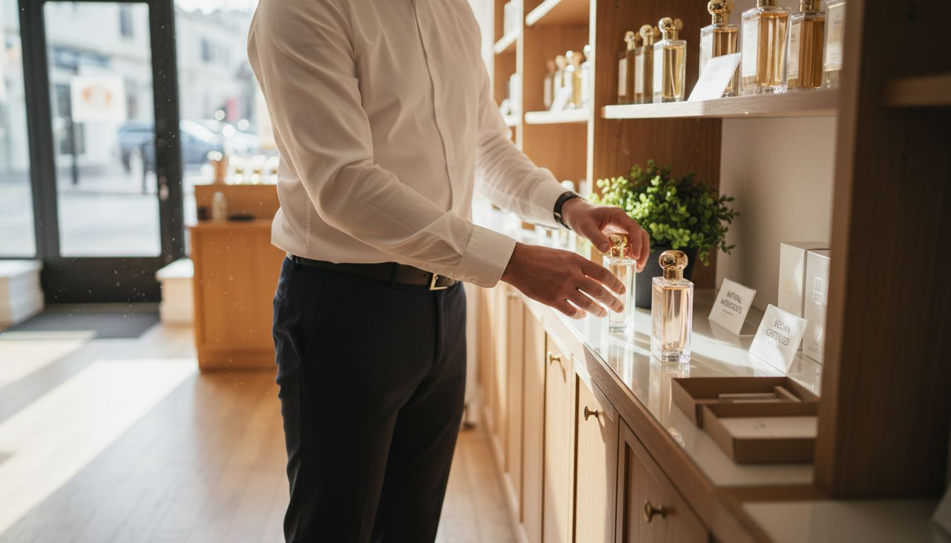 Store manager restocking sustainable perfume shelf