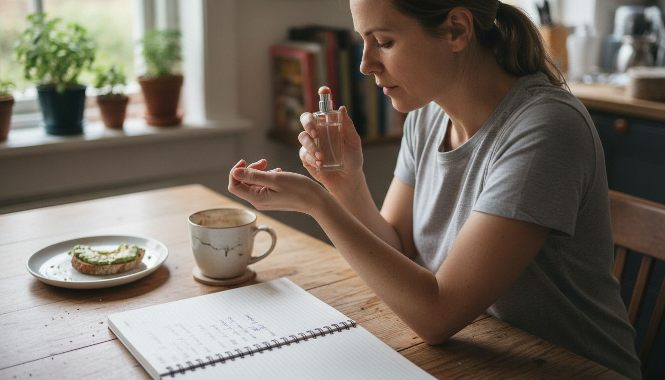 Woman testing perfume with notes at table