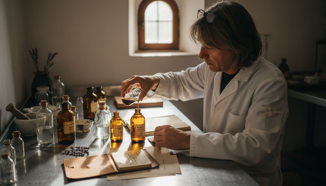 Artisan assembling ingredients in perfume studio