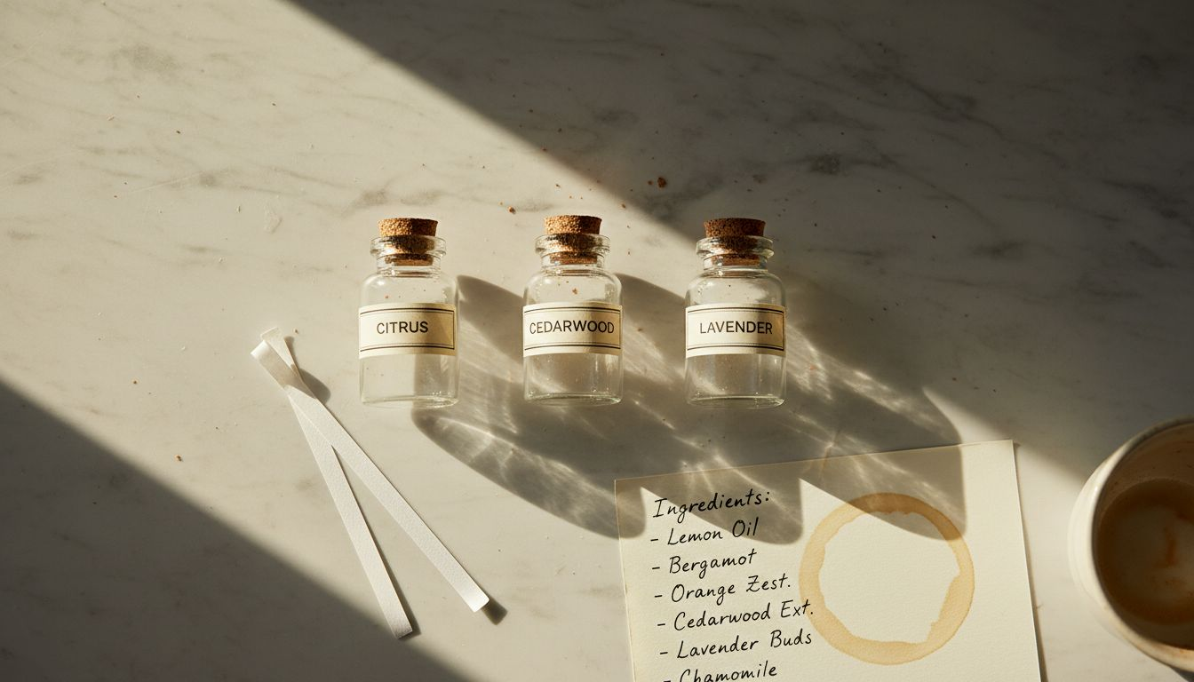 Perfume ingredients laid out on tabletop