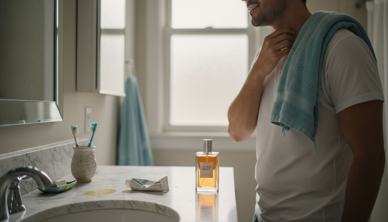 Man after cologne application in bathroom