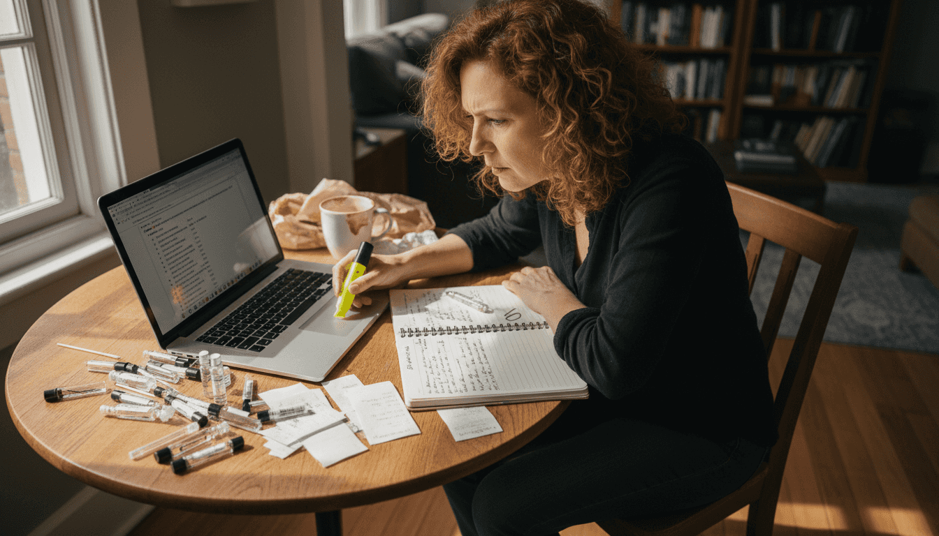 Woman checking perfume ingredients for transparency