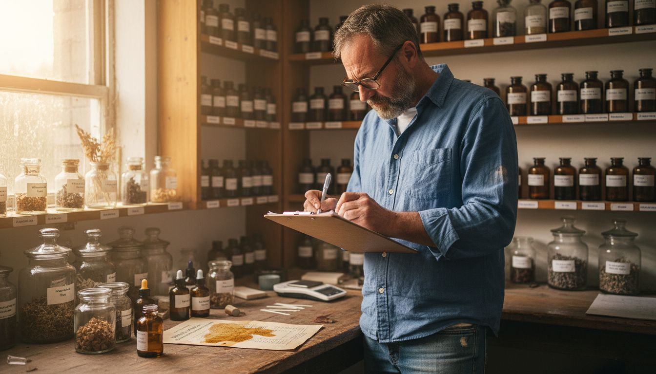 Man examining perfume ingredient samples