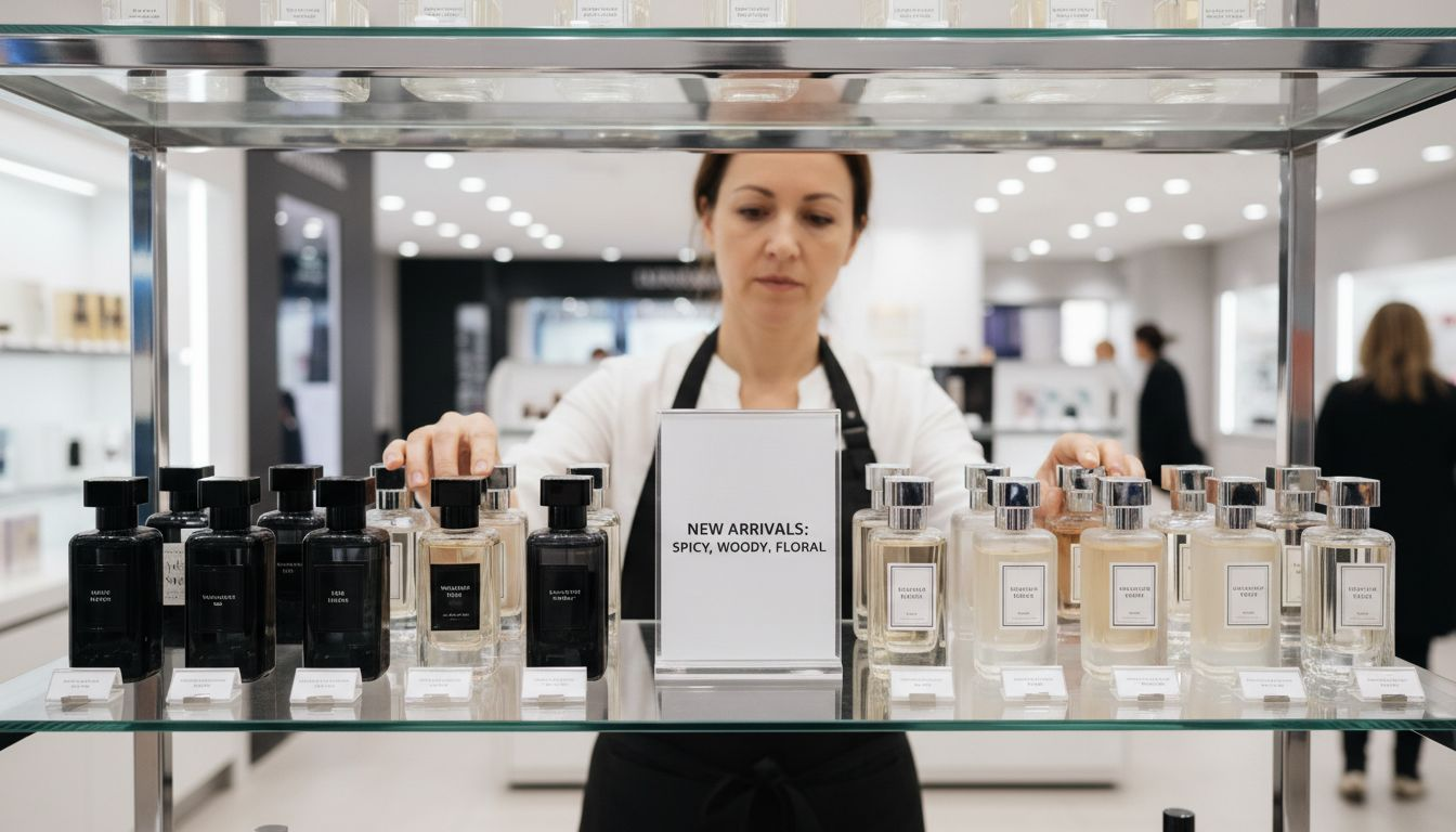 Retail worker arranging men’s and women’s fragrances