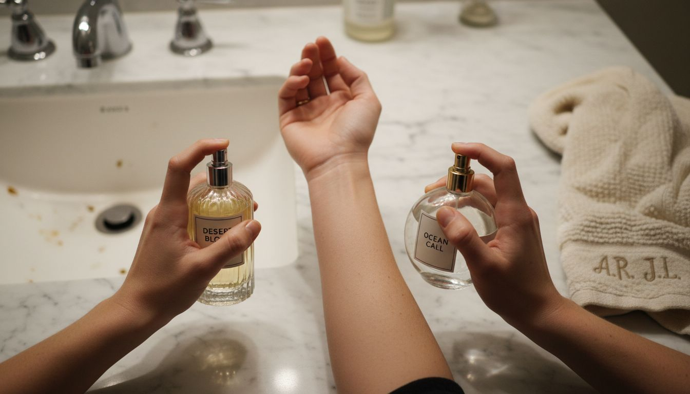 Perfume being sprayed on two women’s arms