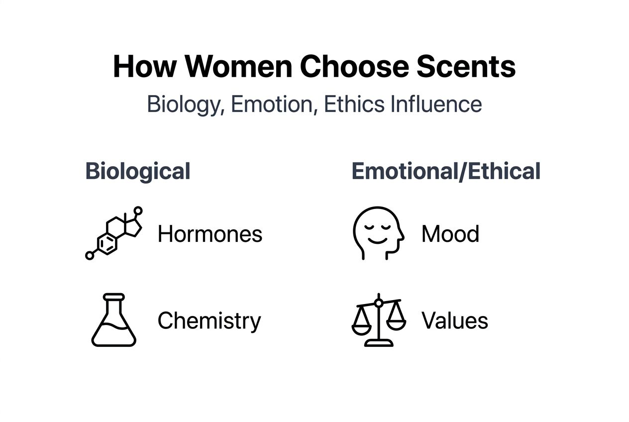 Infographic showing how biology, emotion, ethics shape scent choices