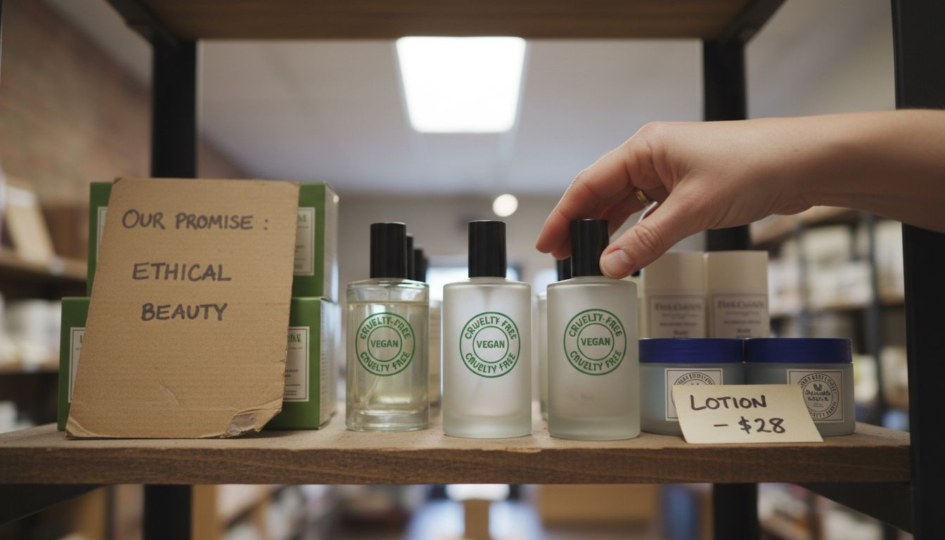 Shelf of vegan cruelty-free cosmetic bottles