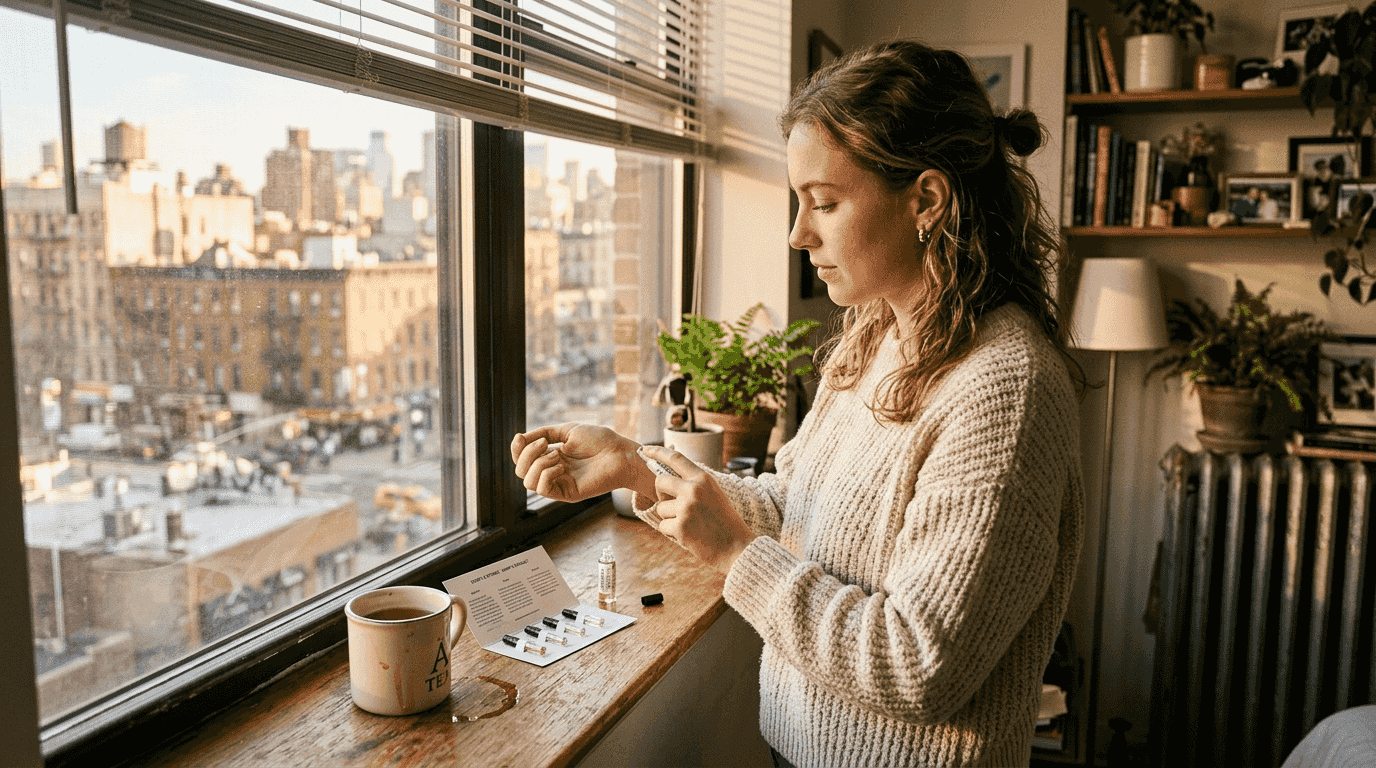 Woman testing perfume by window with tea mug