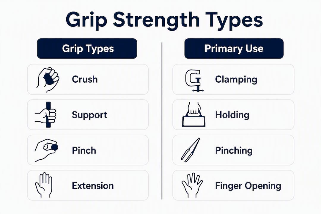 Infographic outlining four grip strength types