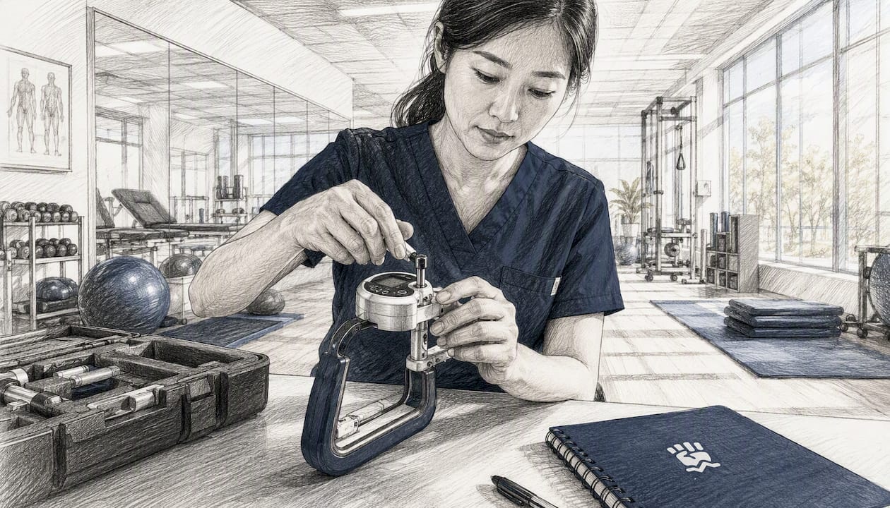 Technician calibrating grip strength device