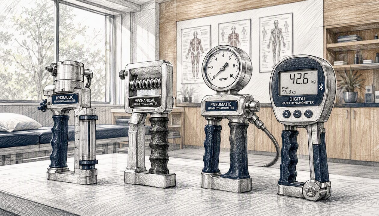 Variety of hand dynamometer types on clinical desk