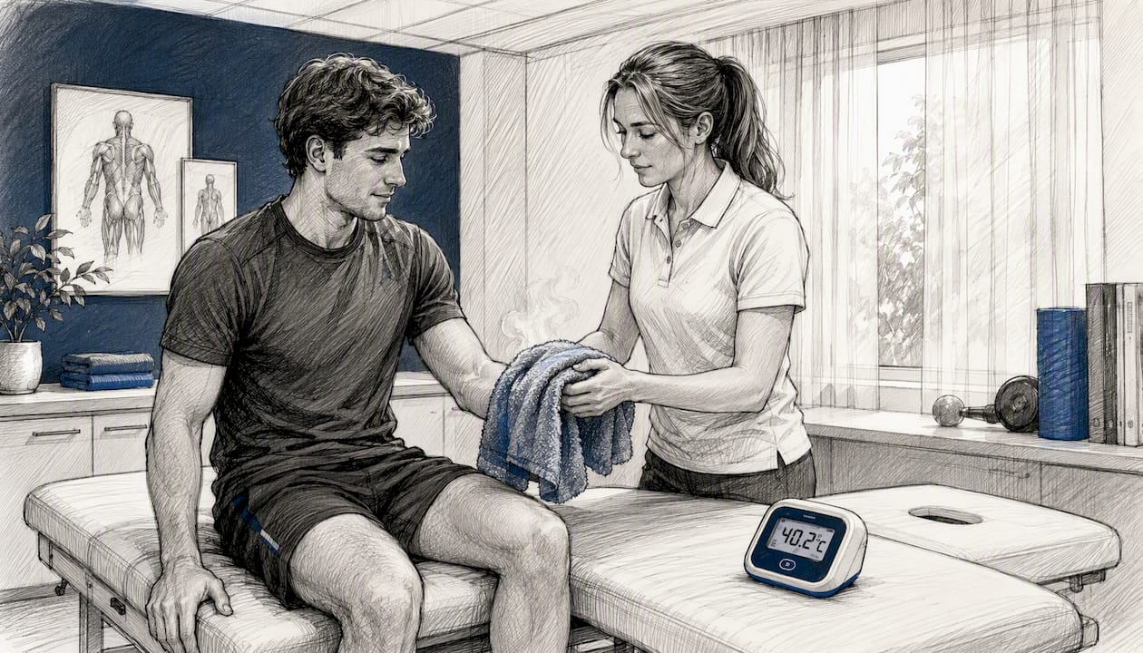Therapist warming athlete's hand with heated towel