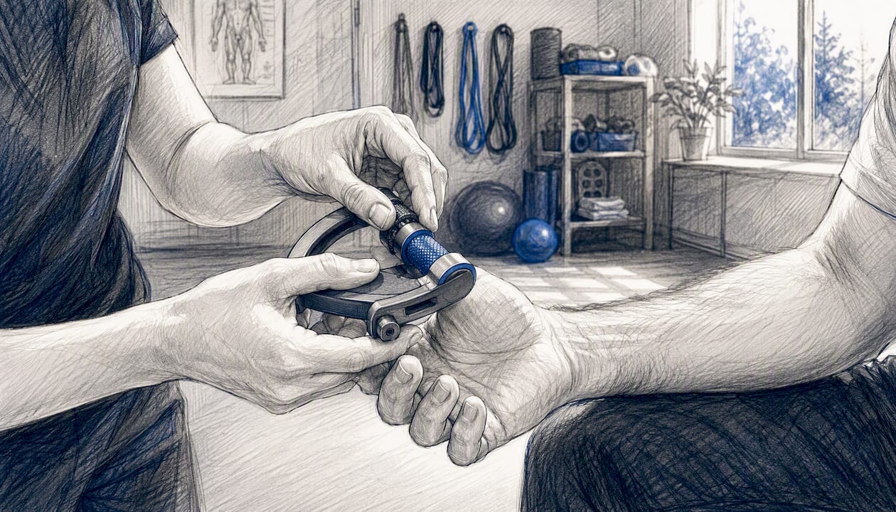 Therapist adjusting grip device on patient's hand
