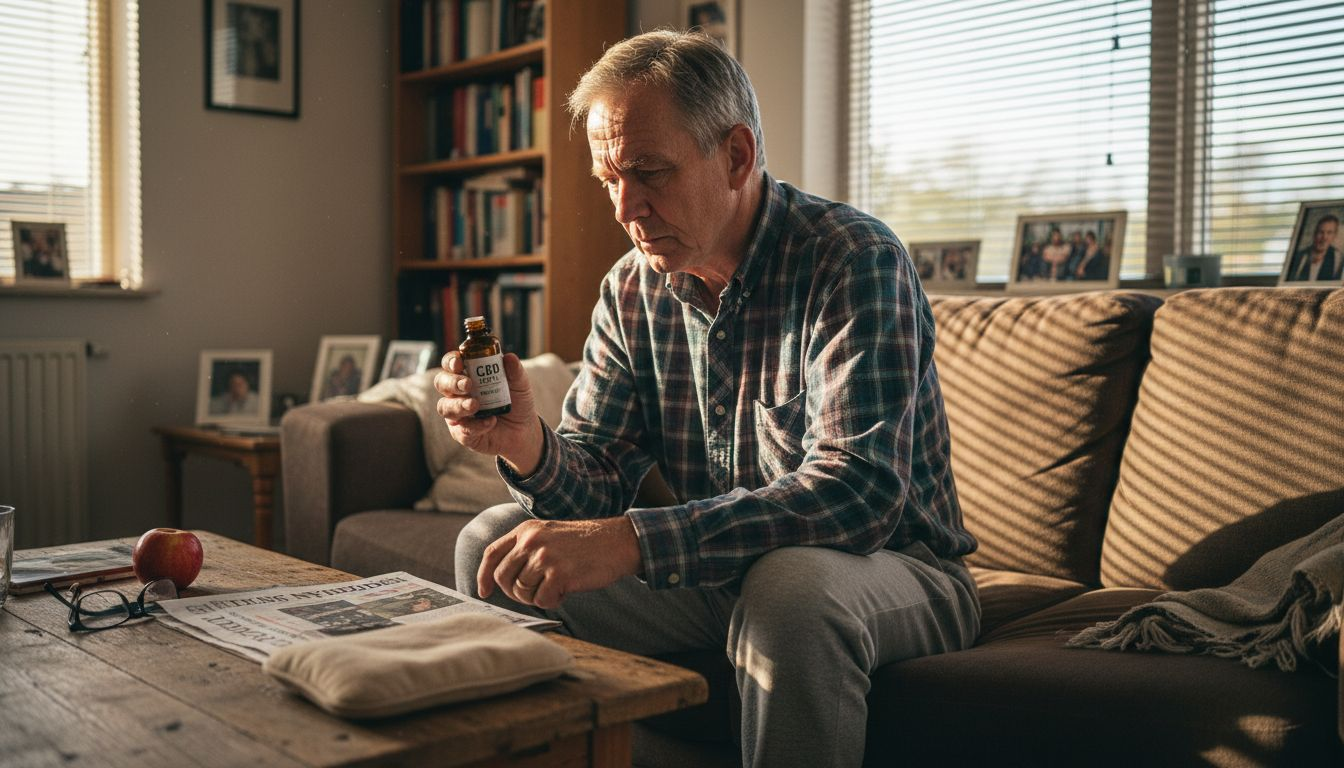 Ældre mand studerer doseringsvejledningen på CBD-produktet