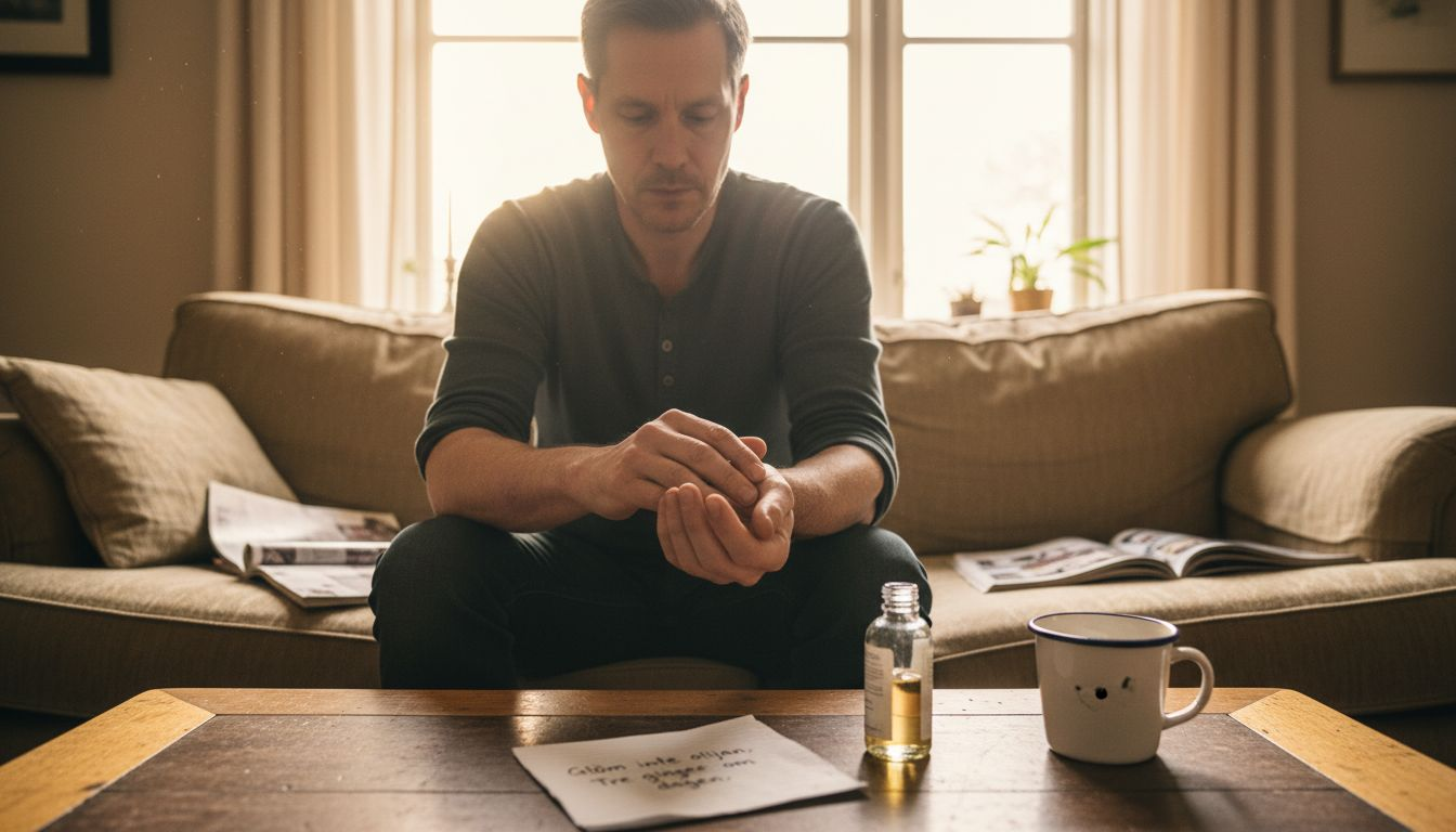 En man smörjer in handleden med CBD-olja för att lindra spänningar.