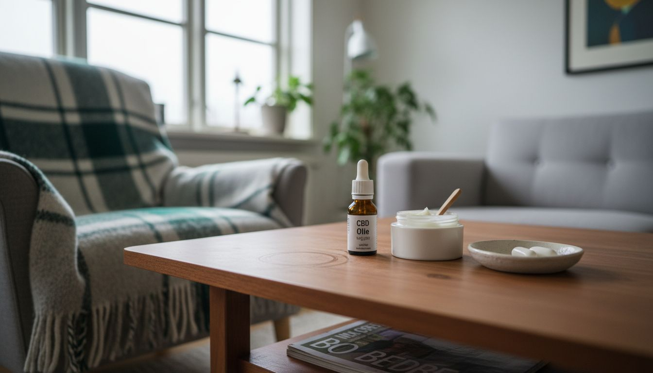 Forskellige CBD-produkter ligger spredt ud på stuebordet.