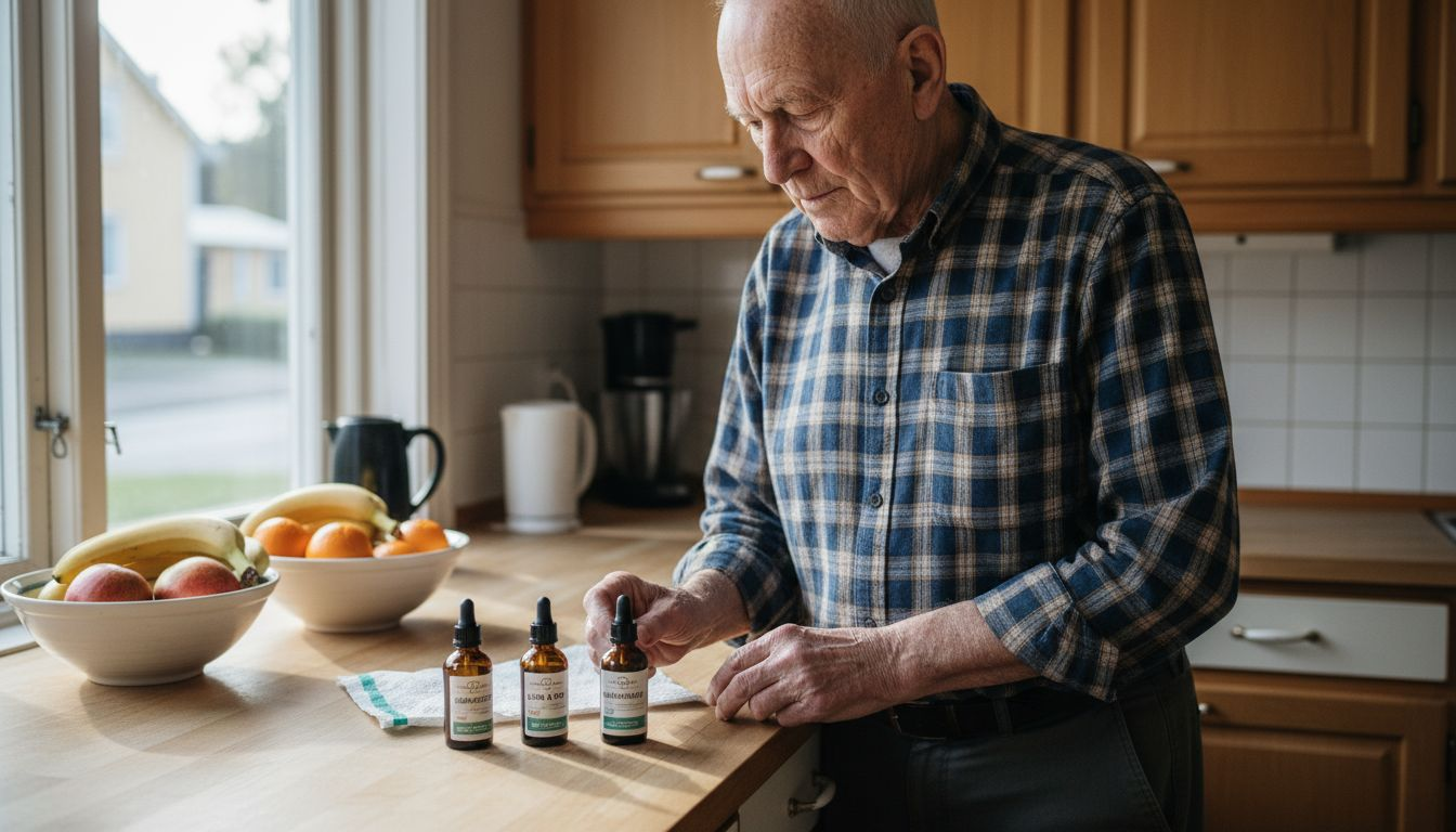 Äldre man som jämför olika flaskor med CBD-olja