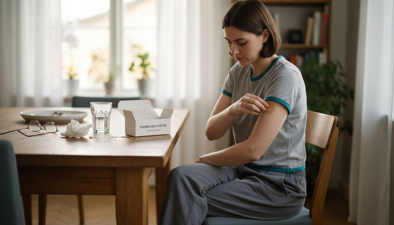 En kvinna sätter på en CBD-plåster vid köksbordet hemma.