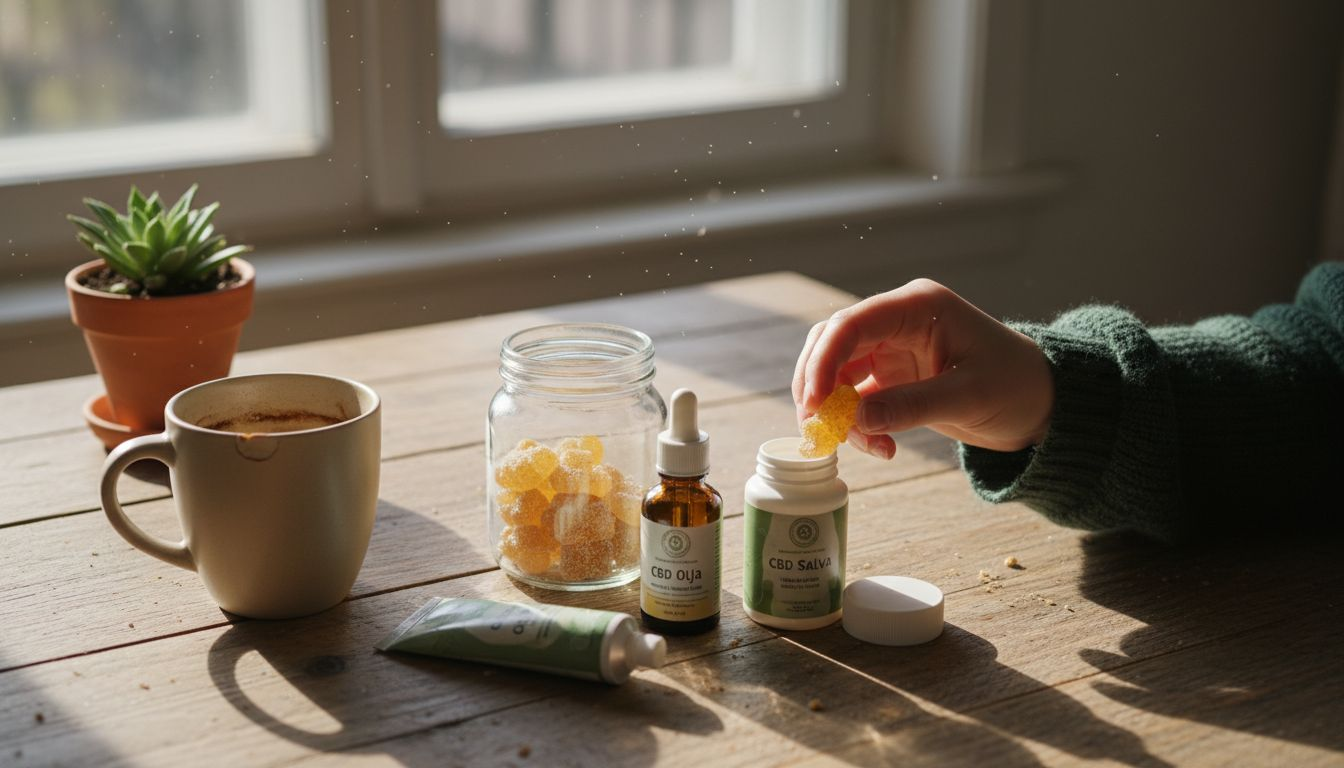 En samling olika CBD-produkter står framme på köksbordet.