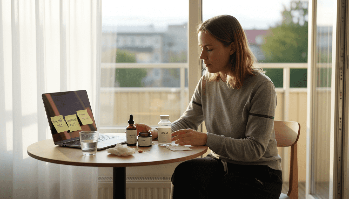 En kvinna sitter vid bordet och jämför olika CBD-produkter för att hitta det som passar henne bäst.