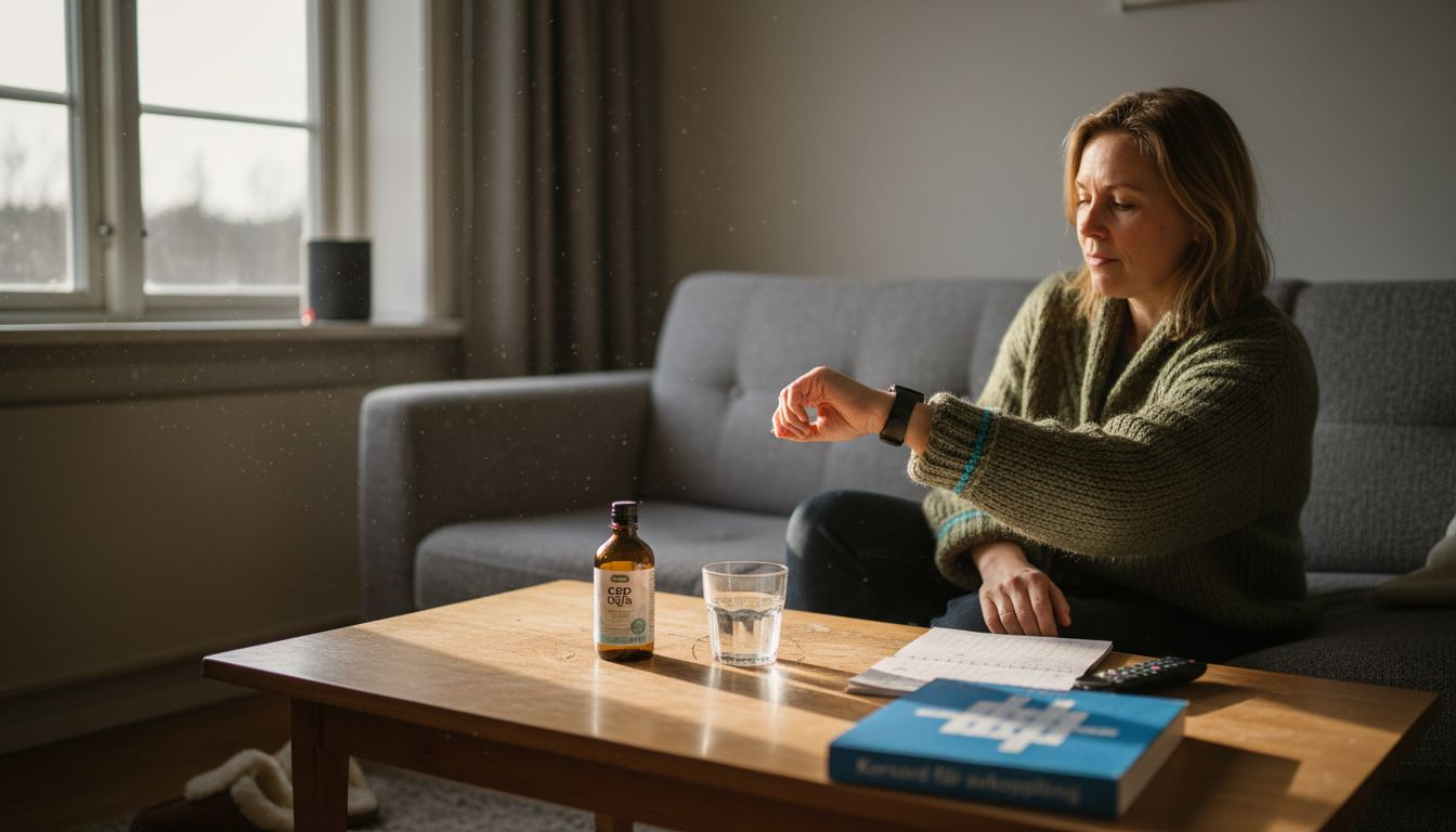 Kvinna slappnar av i soffan hemma med CBD-olja