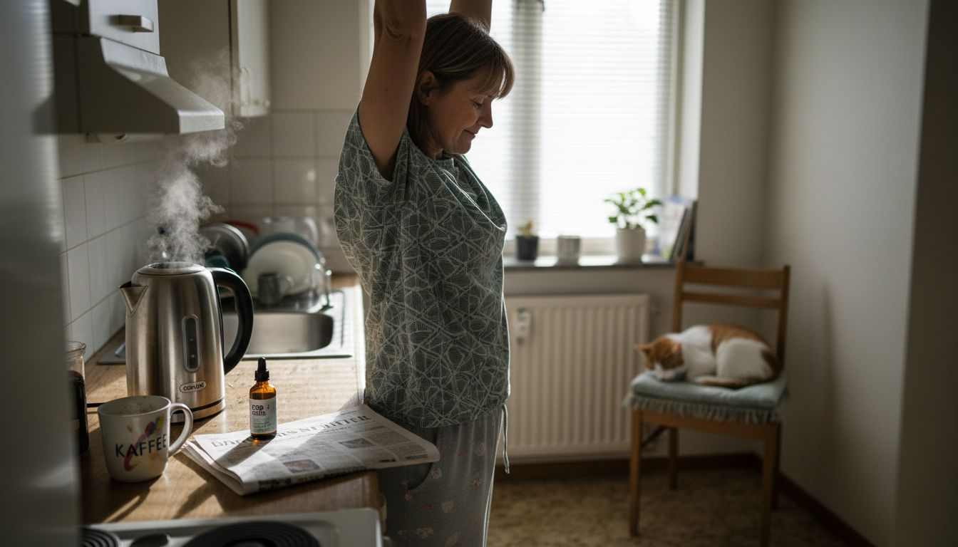 En kvinna sträcker ut kroppen i köket, med en flaska CBD-olja bredvid sig.