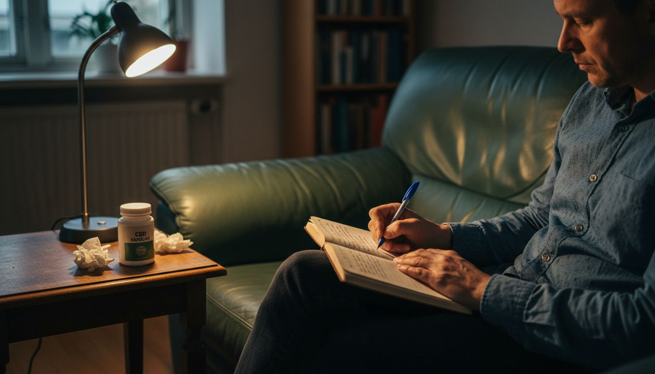 Man för journal över sitt CBD-intag medan man slappnar av i soffan.