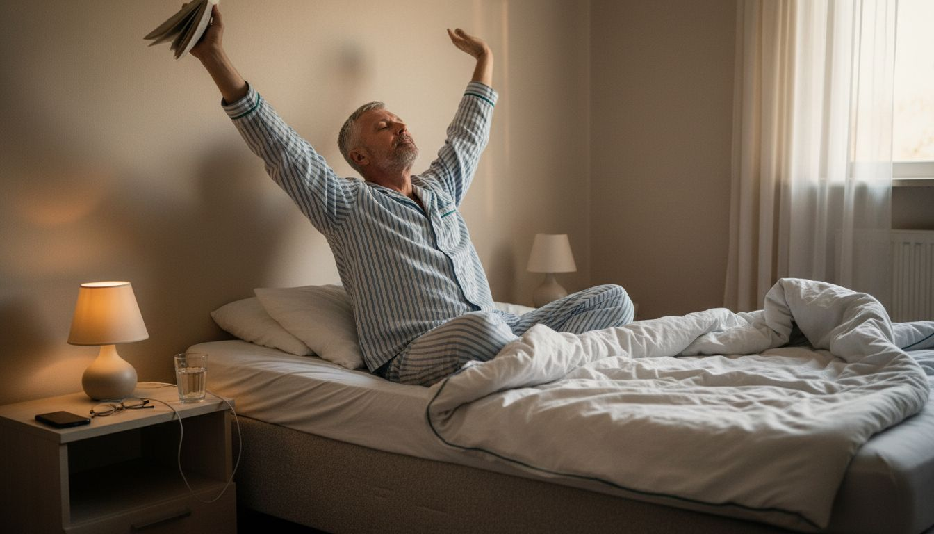 En mand gør sig klar til natten og afslutter sin aftenrutine i soveværelset.