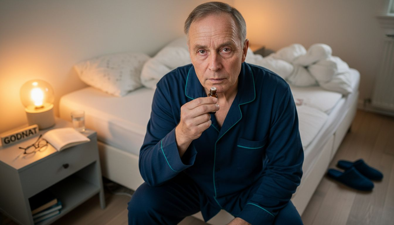 En ældre herre indtager CBD-olie som en fast del af sin aftenrutine, inden han går i seng.