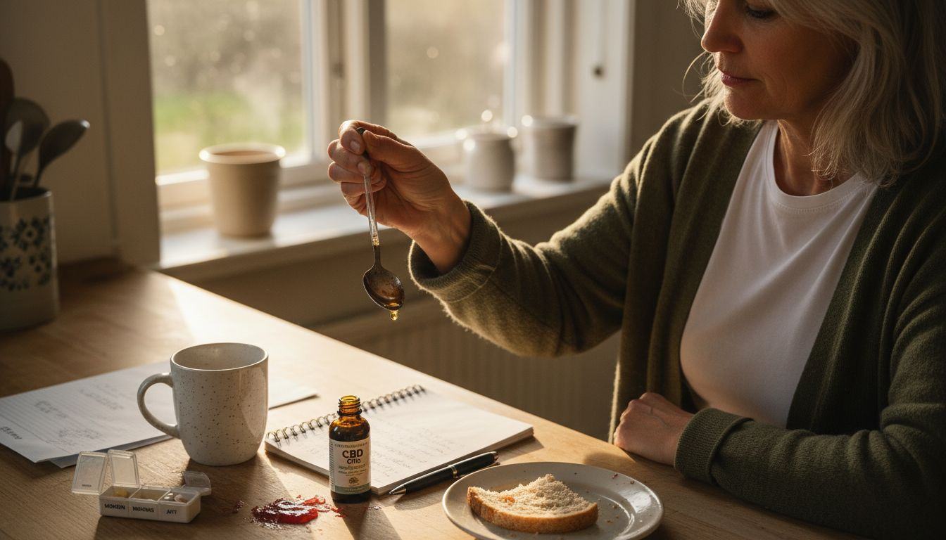 En kv sopmåler sin dosis af CBD-olie ved køkkenbordet.