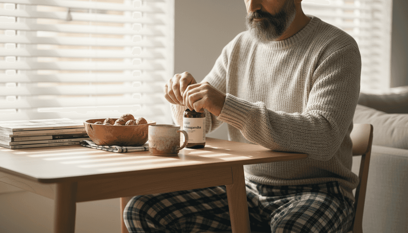 Man opening ashwagandha supplement bottle