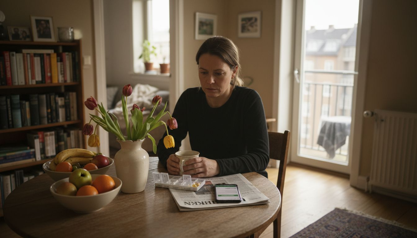 En kvinde står i køkkenet og tjekker, om hun har husket sine vitaminer til dagen.