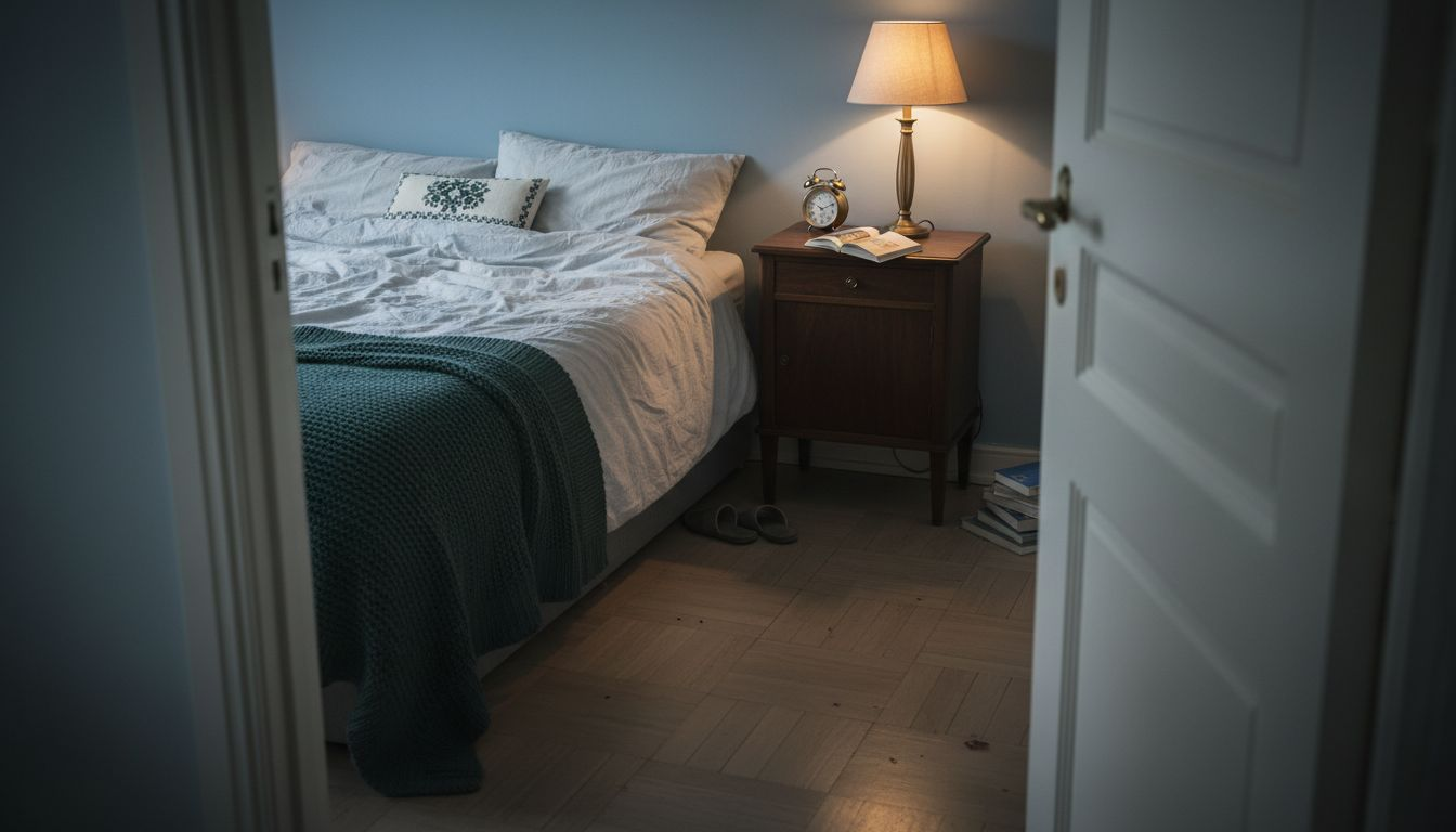 Udsigt til et roligt og velorganiseret soveværelse, set fra døren