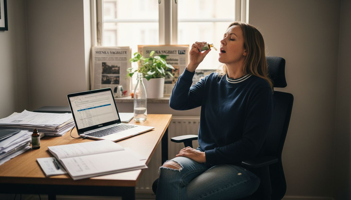 En kvinna sitter hemma vid sitt skrivbord och tar CBD-olja.