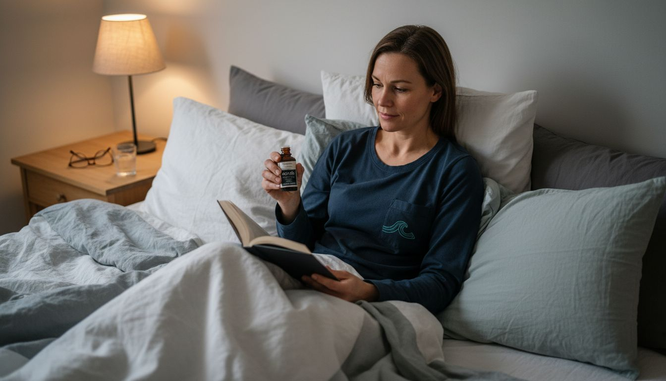 Kvinna njuter av en lugn stund i sängen med CBD-olja