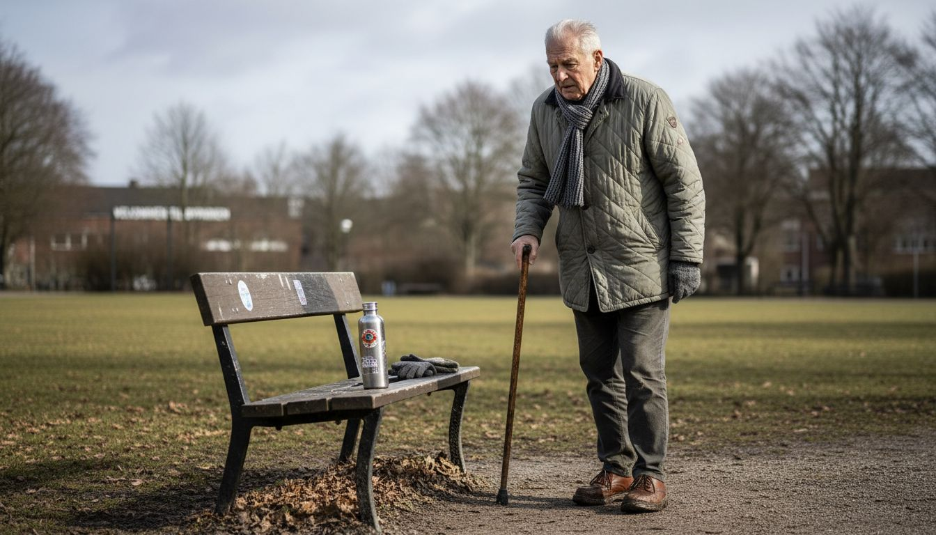 En ældre mand spadserer stille gennem parken med sin stok.