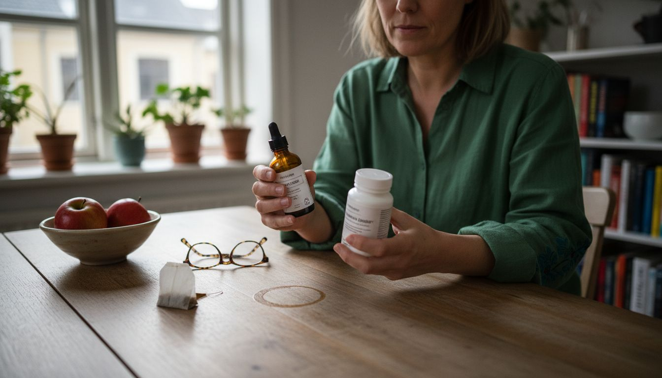 To forskellige søvntilskud bliver sammenlignet hjemme ved køkkenbordet.