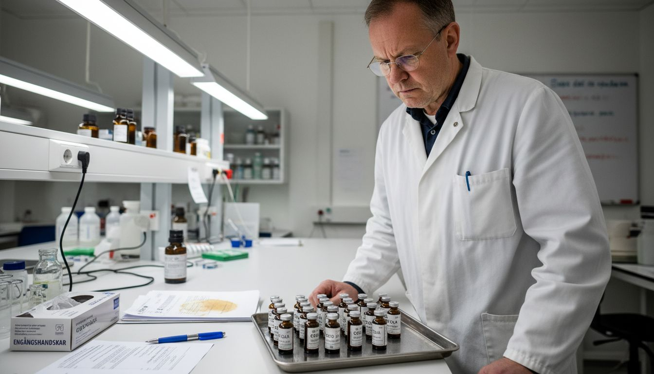 En inspektör granskar CBD-flaskor för att säkerställa att de uppfyller svenska lagkrav.