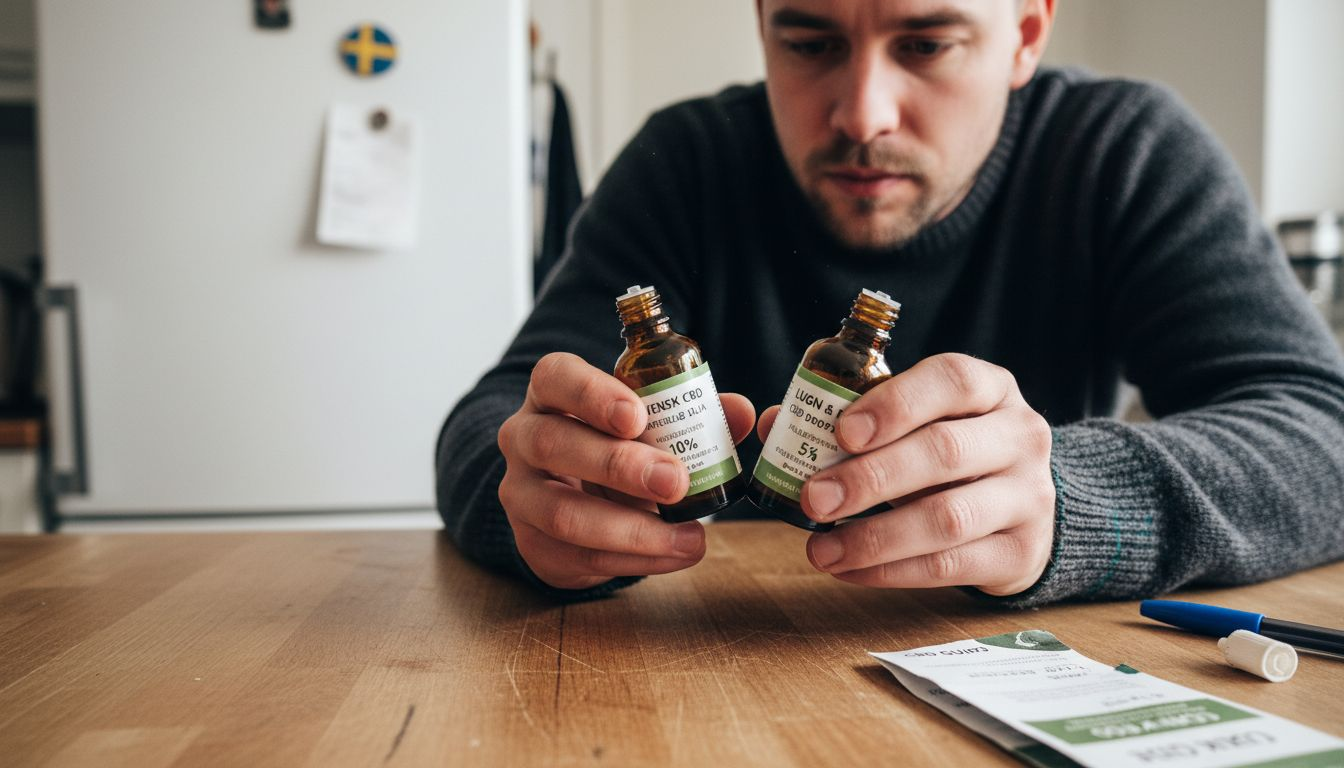 En man står och jämför två olika flaskor med CBD-olja i handen, fundersam över vilken han ska välja.