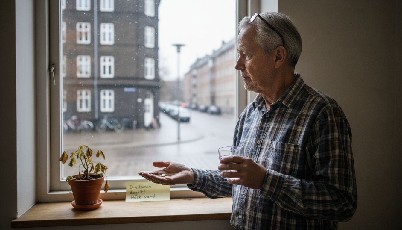 Ældre mand sørger for at få sit daglige D-vitamin ved vinduet