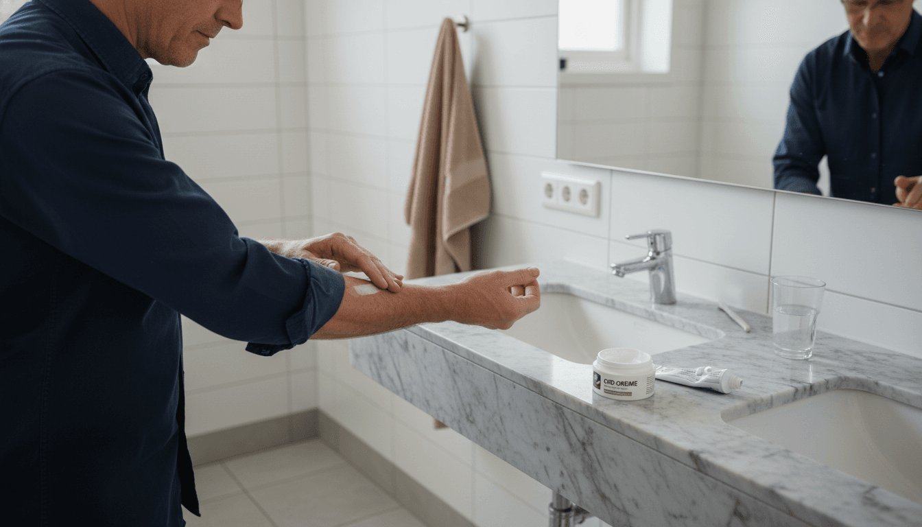En mand står på badeværelset og smører CBD-creme på sin underarm.