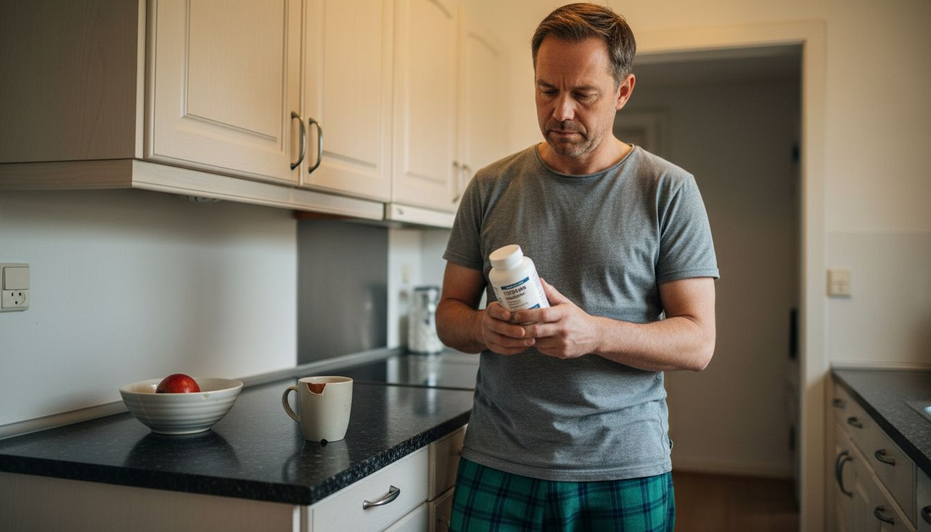 En mand står i køkkenet og læser på etiketten af et glas vitaminer.