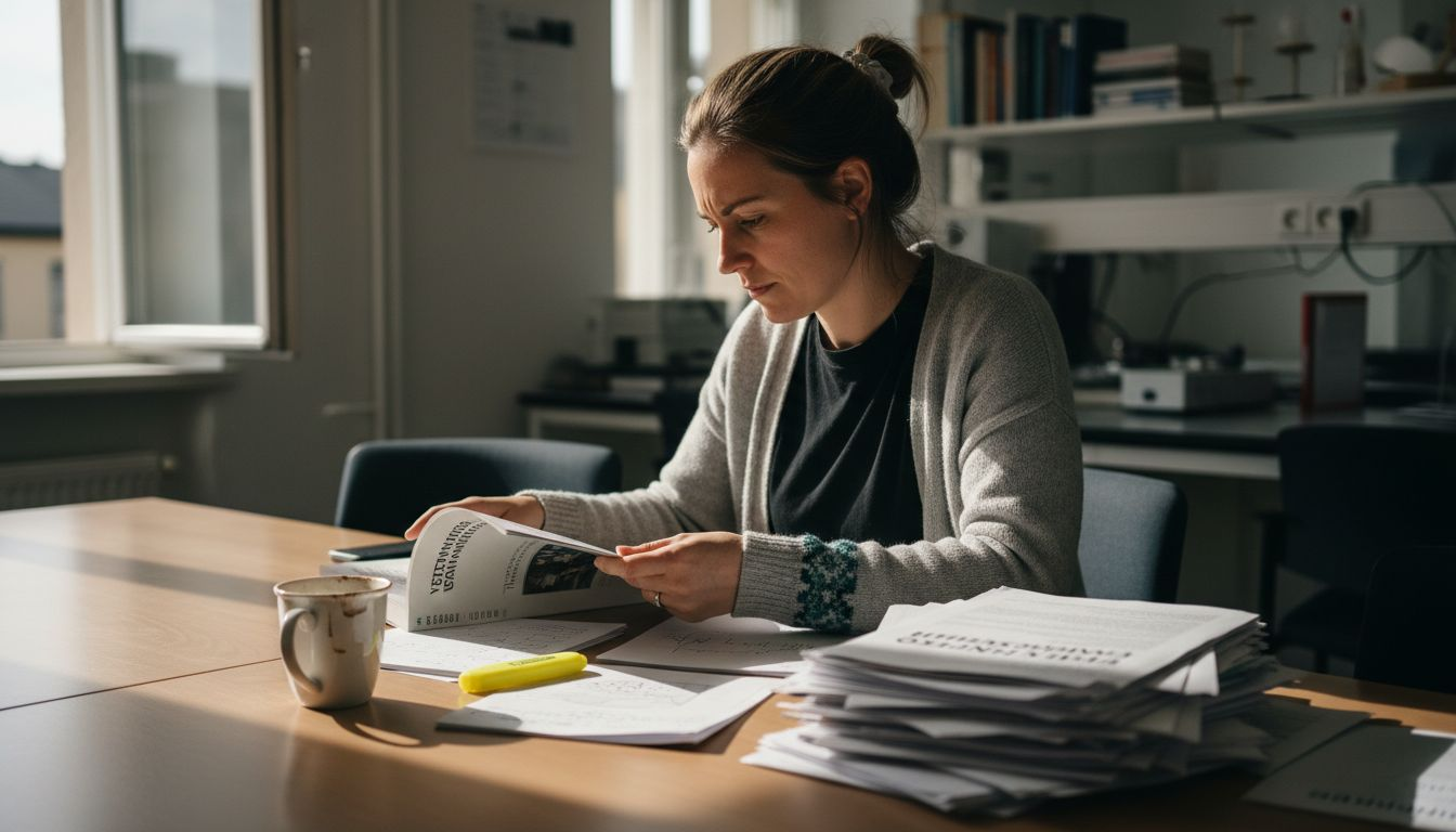 En forskare sitter i laboratoriet och går igenom en studie om CBD-olja.