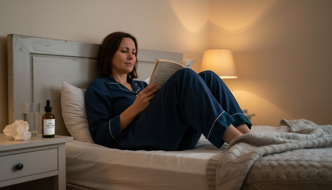 En kvinde slapper af i sengen med CBD som en del af hendes aftenrutine.