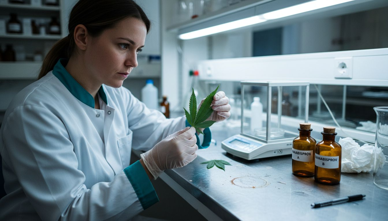En laboratorieassistent granskar prover av cannabisblad.