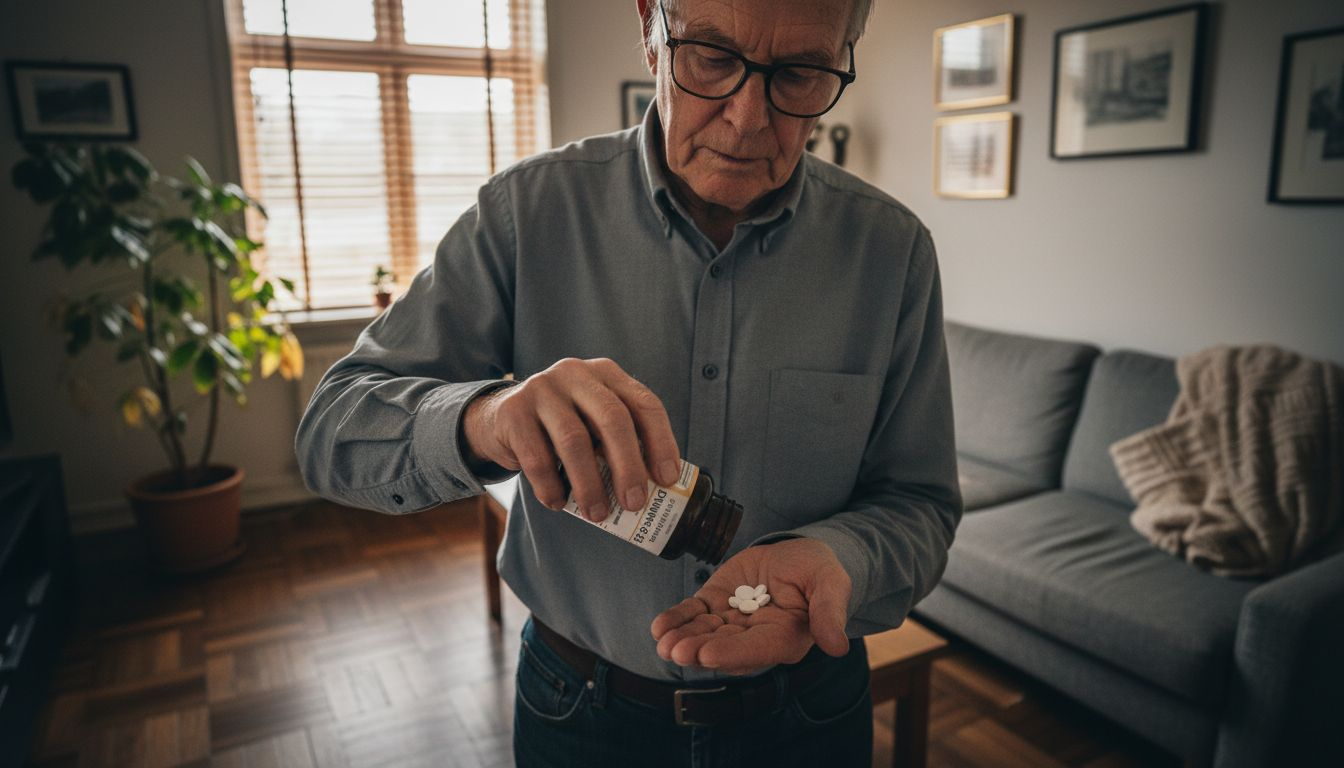 Ældre mand tager D-vitamin for at styrke sine knogler