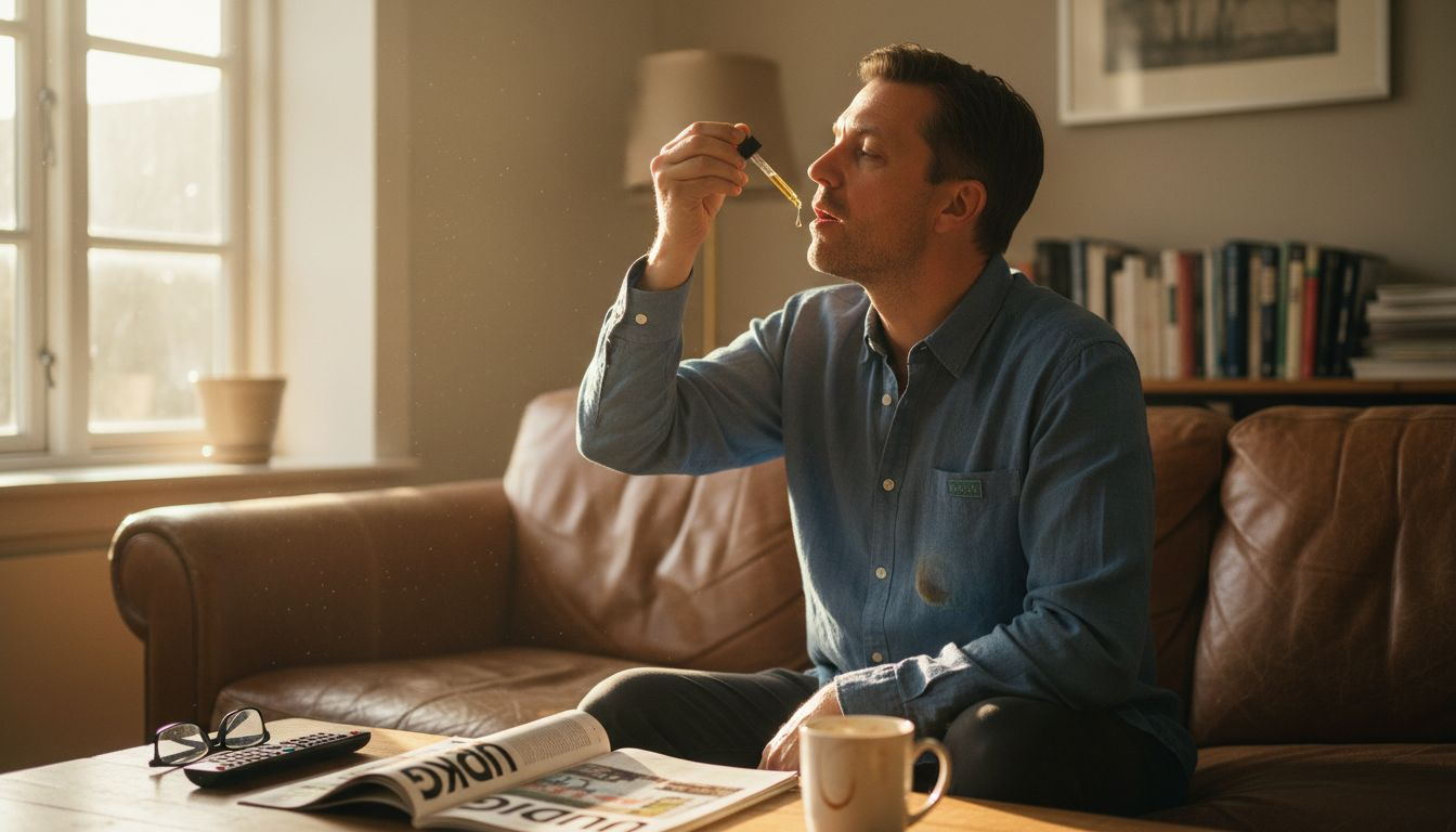 En mand sidder afslappet i sofaen og tager CBD-olie under tungen.