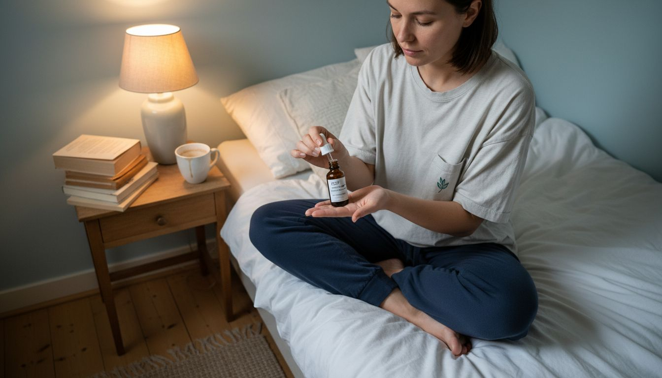 Kvinna tar några droppar CBD-olja i sitt sovrum